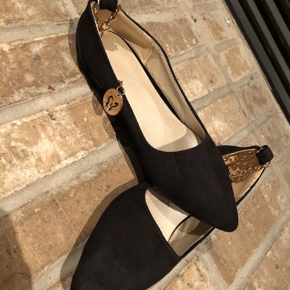 Gold ankle strap black flats